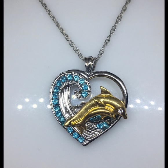 Unique Gold Dolphin Jumping Thru A Wave In Side Of A ❤️ Pendant Silver  Necklace - Picture 4 of 4